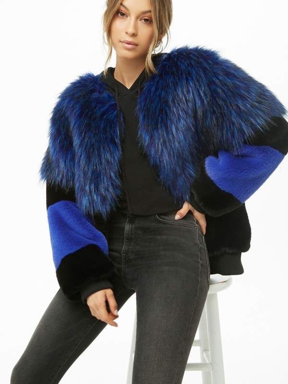 Blue Faux Fur Cropped Jacket - Women